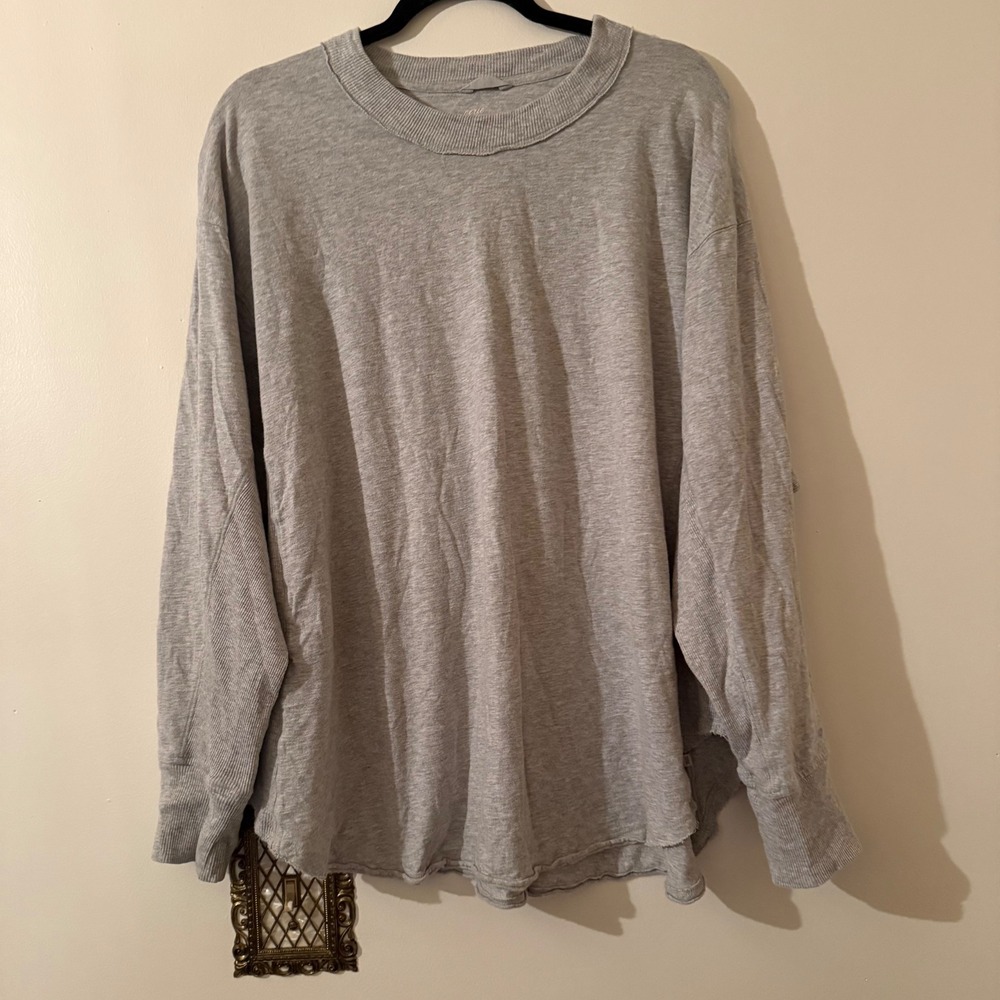 Aerie Gray Oversized Long Sleeve Top Ribbed Panels Hem Relaxed Size XL